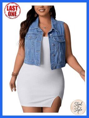 Plus Size Denim Vest Sleeveless Crop Jacket Button Down Flap Pocket Cowgirl